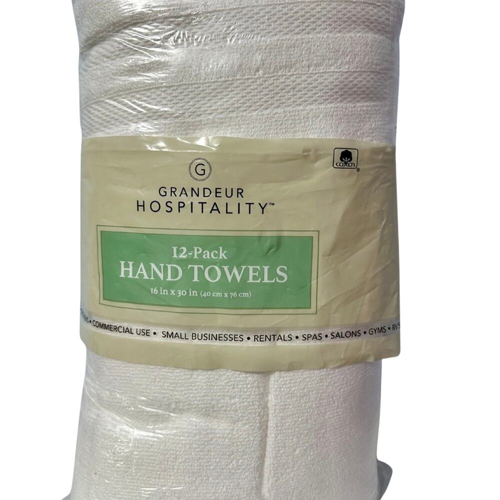 Grandeur Hospitality 12-Pack White Hand Towels – 100% Cotton 16” x 30”